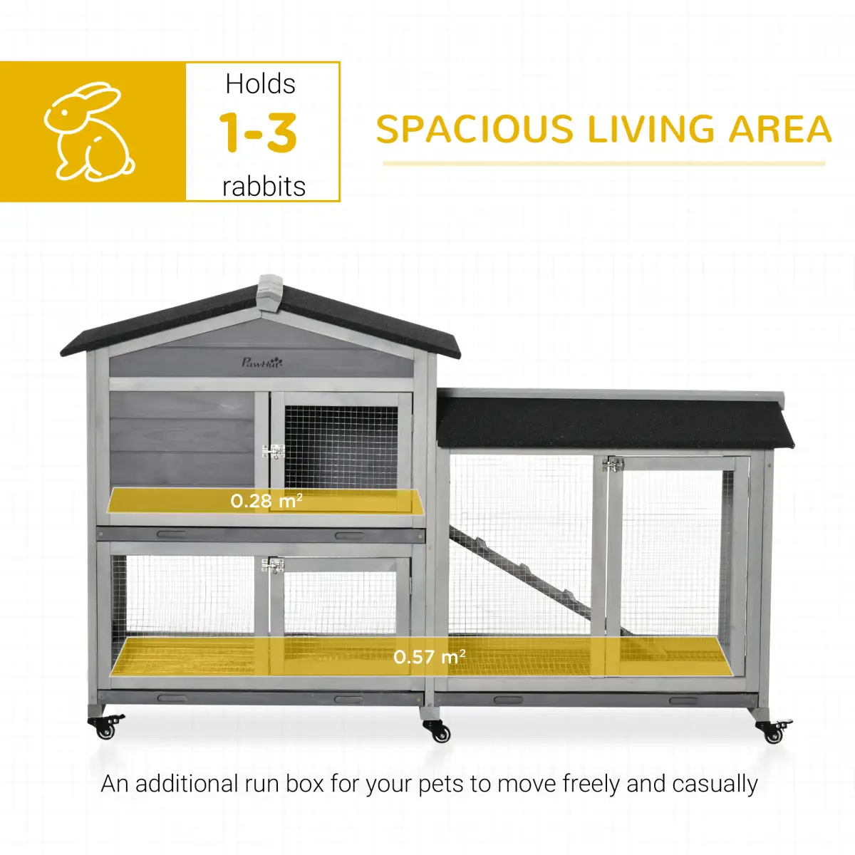 PawHut Wooden Rabbit Hutch, Guinea Pig Cage w/ Wheels, Slide-Out Tray, Ramp Light Grey - Rabbit Hutch