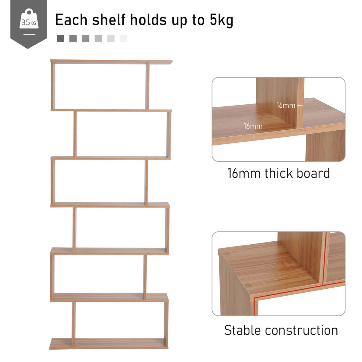 Premium Maple Tall 6 Tier S Shaped Wooden Shelf For Home Office Display And Organization - Office Storage
