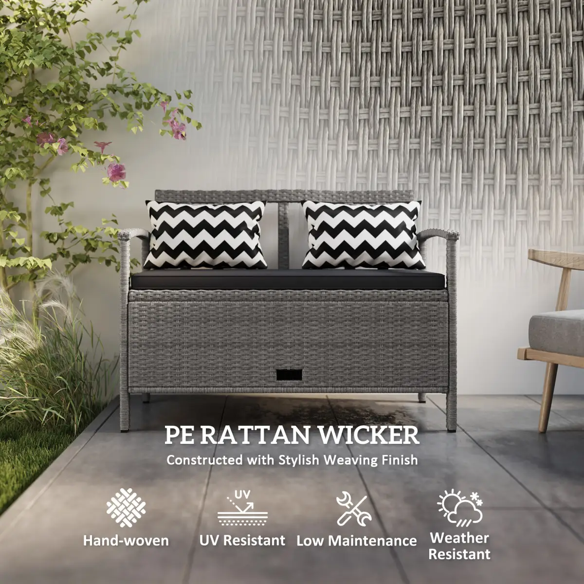 Outsunny Outsunny 160L Rattan Garden Storage Bench, Cushioned Outdoor Bench, Grey - Garden Chairs