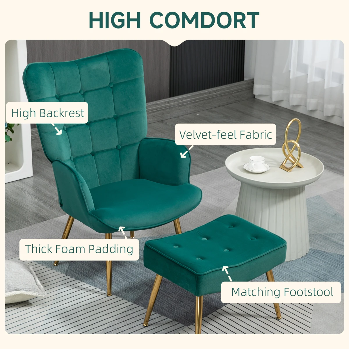 HOMCOM HOMCOM Armchair Tufted Footstool Gold Legs Small - Armchair