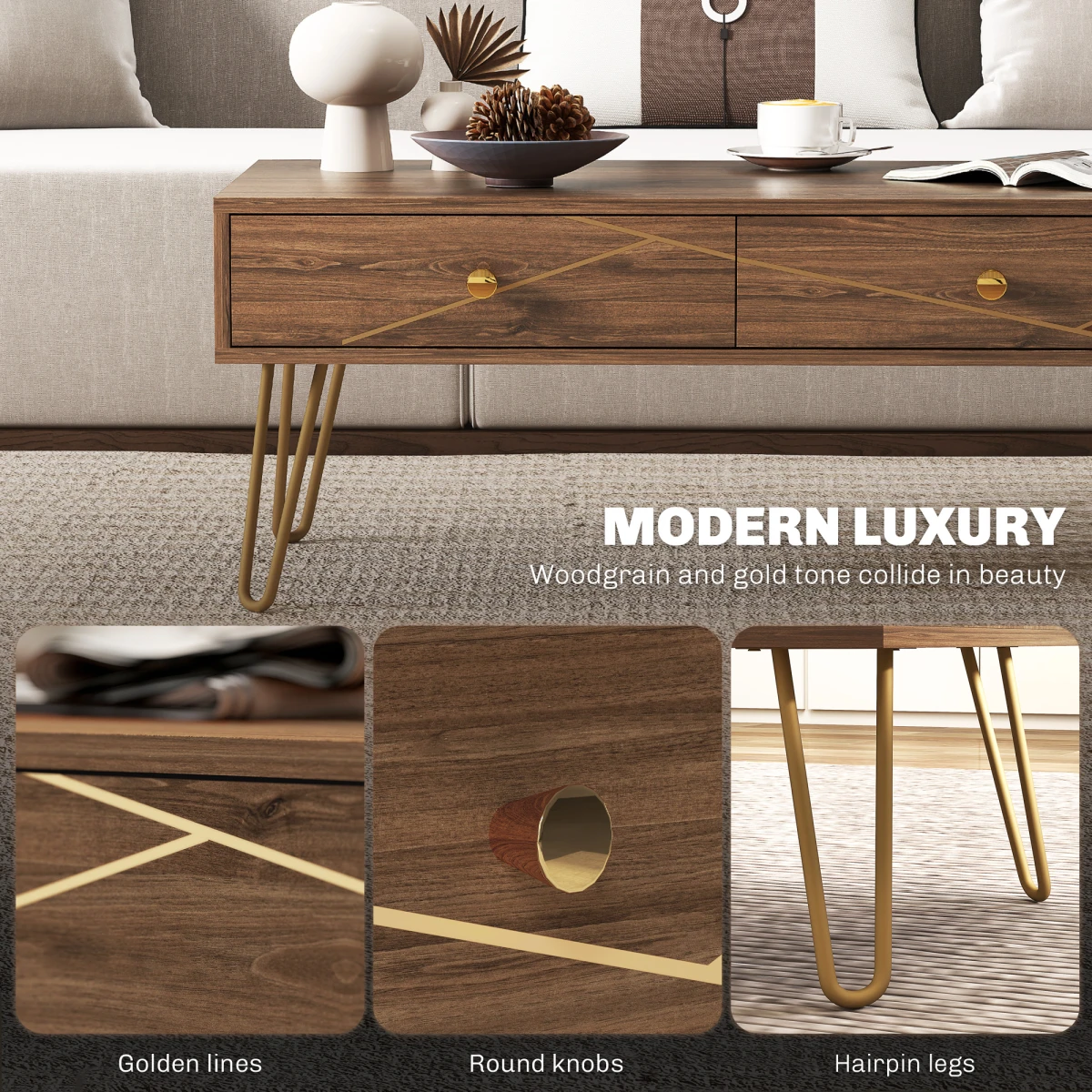HOMCOM Coffee Table Long Woodgrain Finish With Two Drawers Gold Hairpin Legs Living Room by HOMCOM