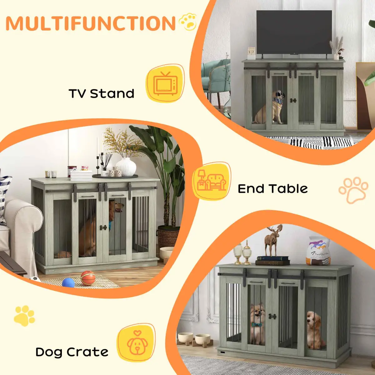 PawHut PawHut Dog Crate Furniture for Large Dogs, Double Dog Cage for Small Dogs, Grey - Dog Crate