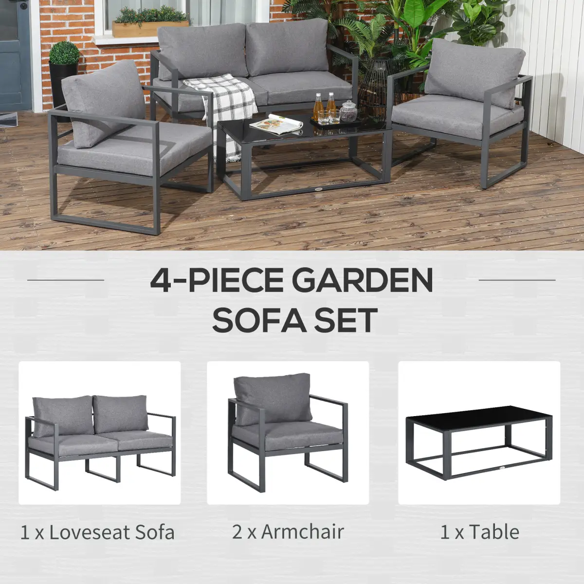 Outsunny Outsunny 4 Pieces Garden Sectional Sofa Table Furniture Set Aluminium w/ Cushion - Garden Set