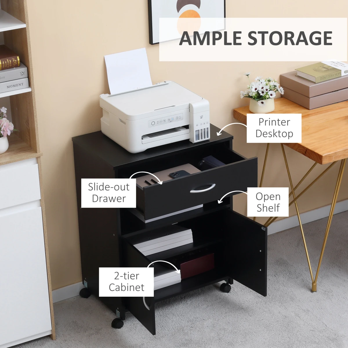 Unbranded Vinsetto Mobile Printer Stand Compact Three Level Adjustable Shelf With Drawer And Wheels For Home Office - Office Storage