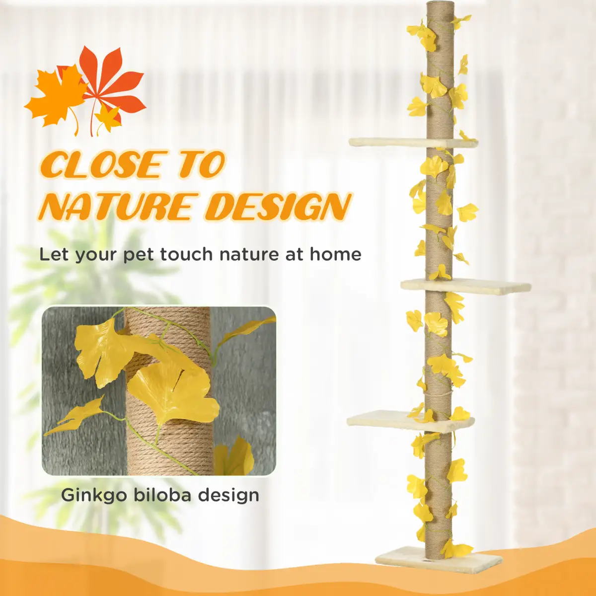 PawHut 242cm Adjustable Floor-To-Ceiling Cat Tree w/ Anti-Slip Kit - Yellow - Cat Tree