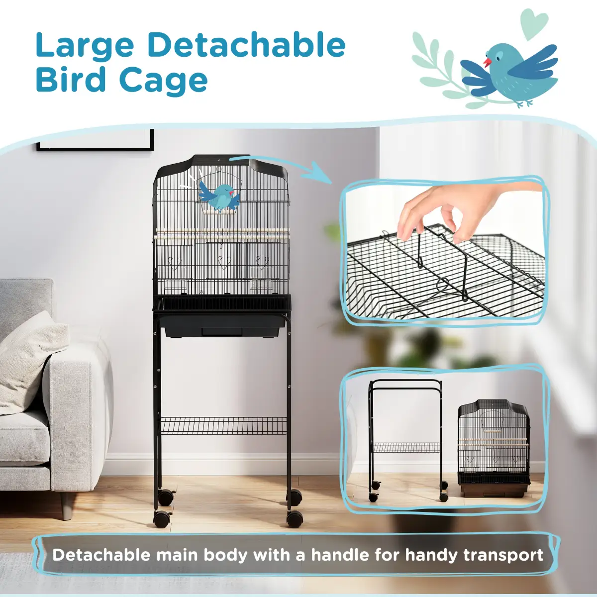 PawHut PawHut Bird Cage for Budgie Finch Canary Parakeet W/ Stand Tray Black - Bird Cage