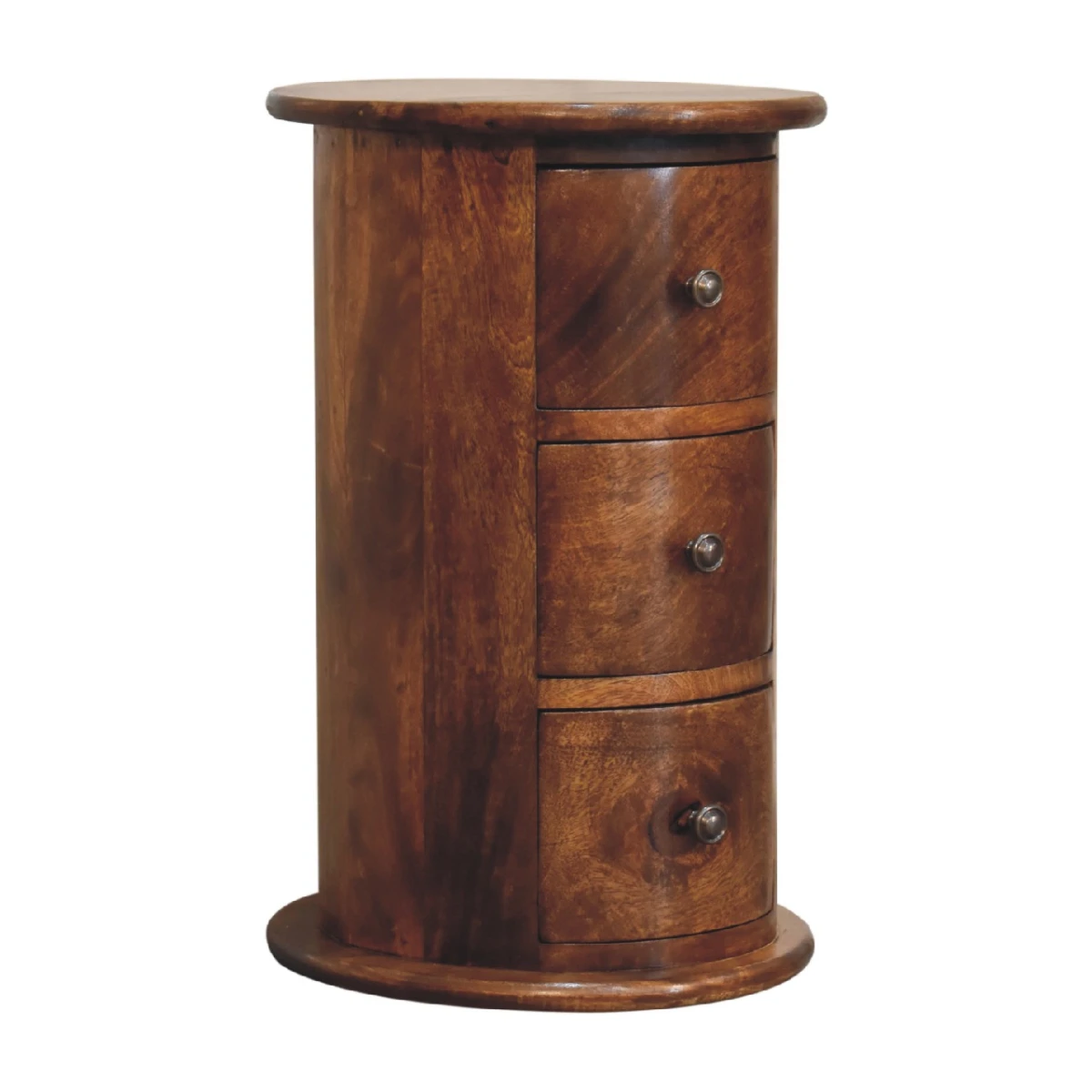 Artisan Furniture Artisan Furniture Drum Chest Mini Round Three Drawer Solid Mango Wood Chestnut Finish For Small Item Storage - Chest of Drawers