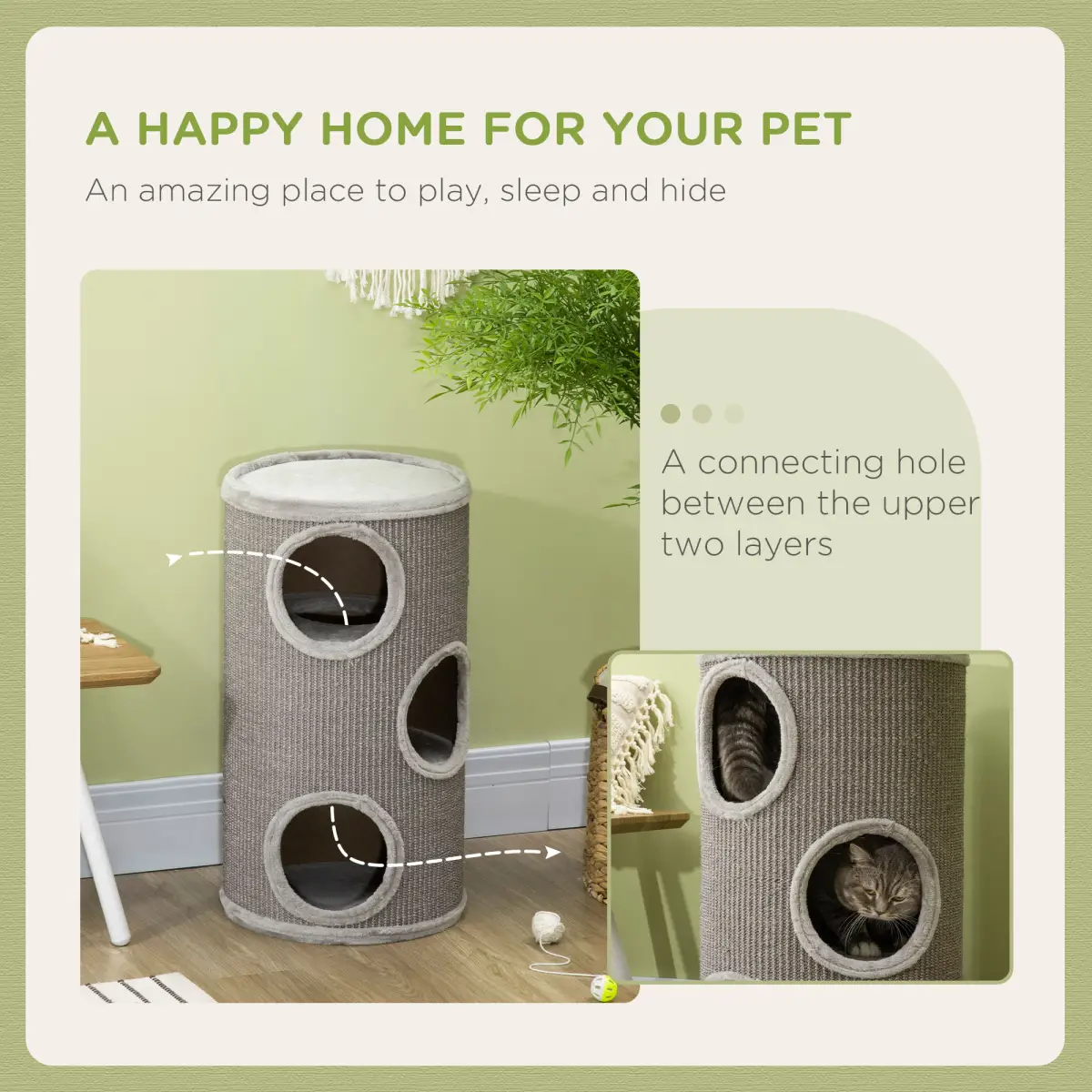 PawHut Cat Barrel Kitten Tree Tower for Indoor Cats, Covered with Sisal, Cosy Platform - Cat Tree