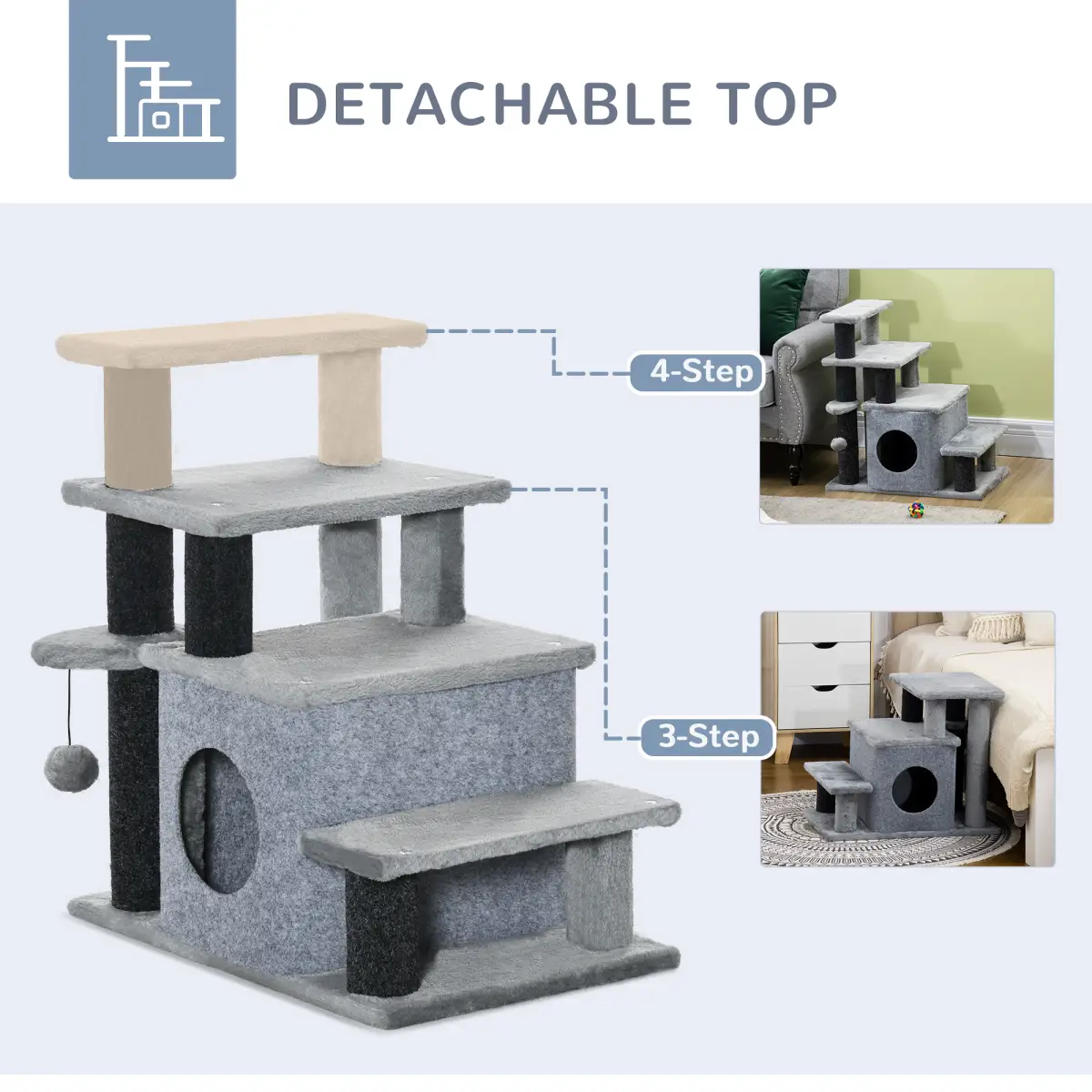 Unbranded Cat Steps for Bed, Sofa Adjustable Height w/ Hanging Ball - Grey Pawhut - Dog Steps
