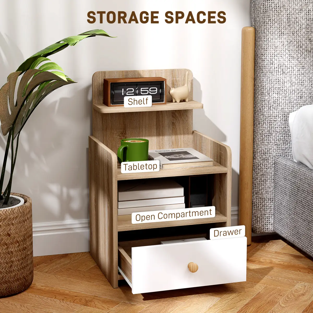 HOMCOM HOMCOM Bedside Table with Drawer for Bedroom, Living Room, Natural Wood Effect - Bedside Table