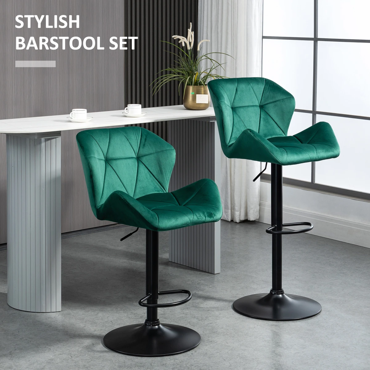 Set Of 2 Luxurious Velvet-Touch Bar Stools w/ Metal Frame Footrest Base Green by HOMCOM