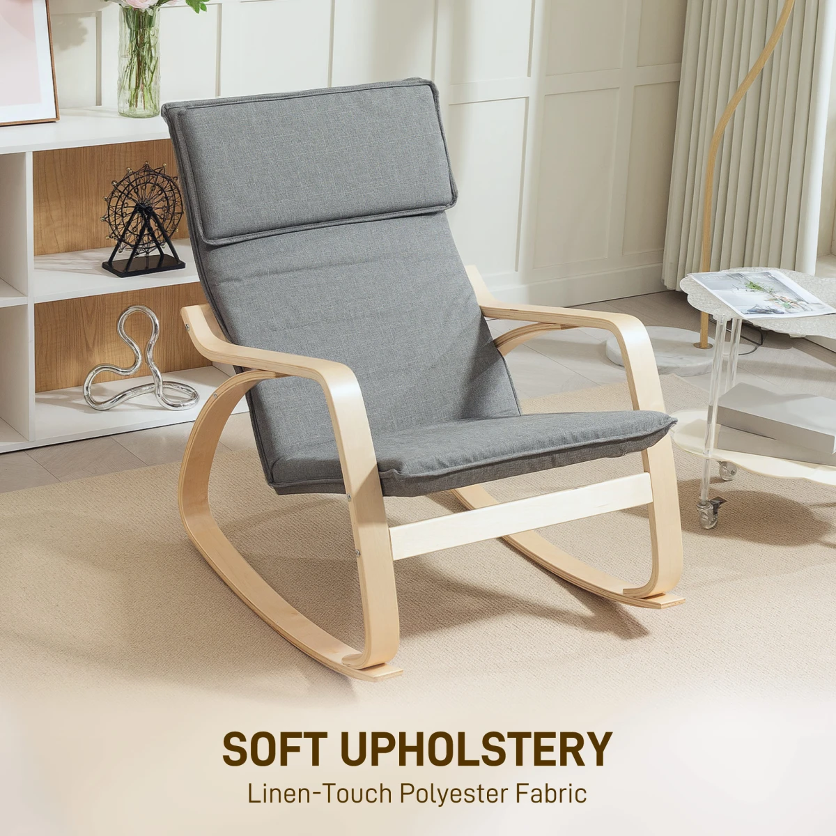 HOMCOM HOMCOM Rocking Chair Standard Size High Back with Headrest Linen Feel Grey for Living Room and Relaxation - Accent Chair