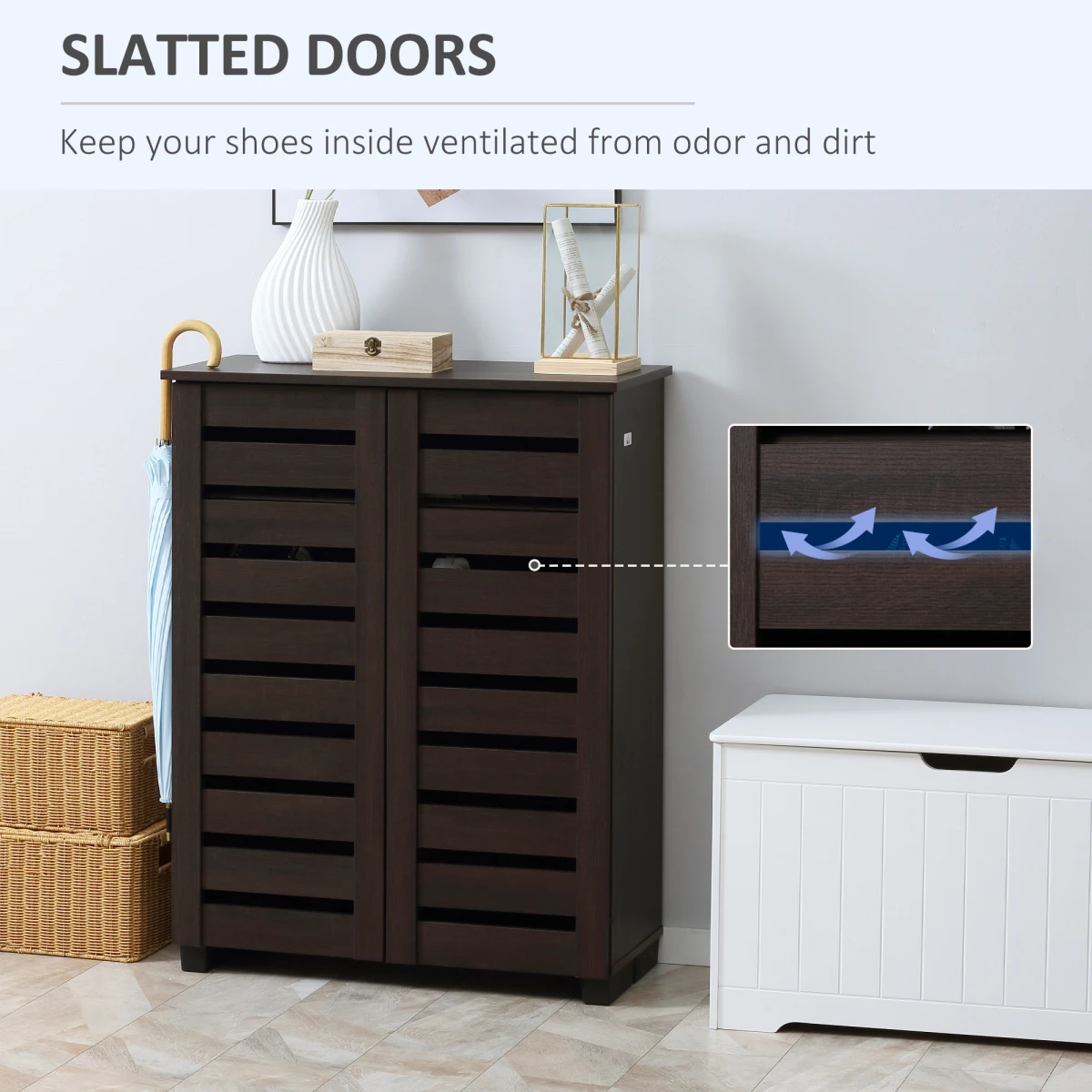 HOMCOM Shoe Storage Cabinet with Slatted Doors for 15 Pairs of Shoes Brown by HOMCOM