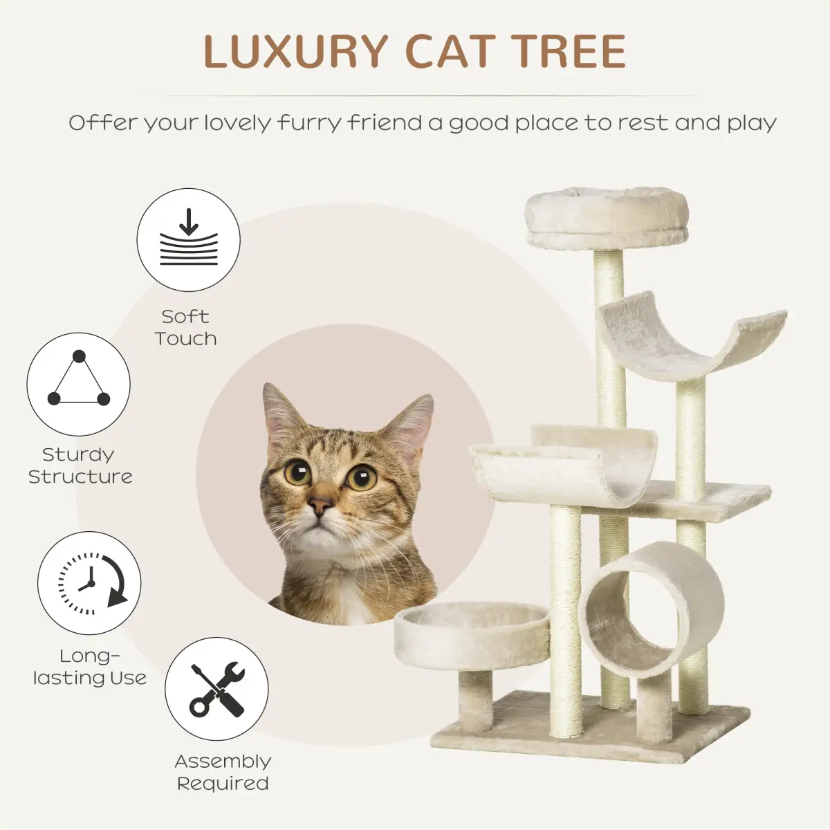 Pawhut Multi-Level Large Cat Tree Scratching Post Perch Play Center Tunnel Beige - Cat Tree