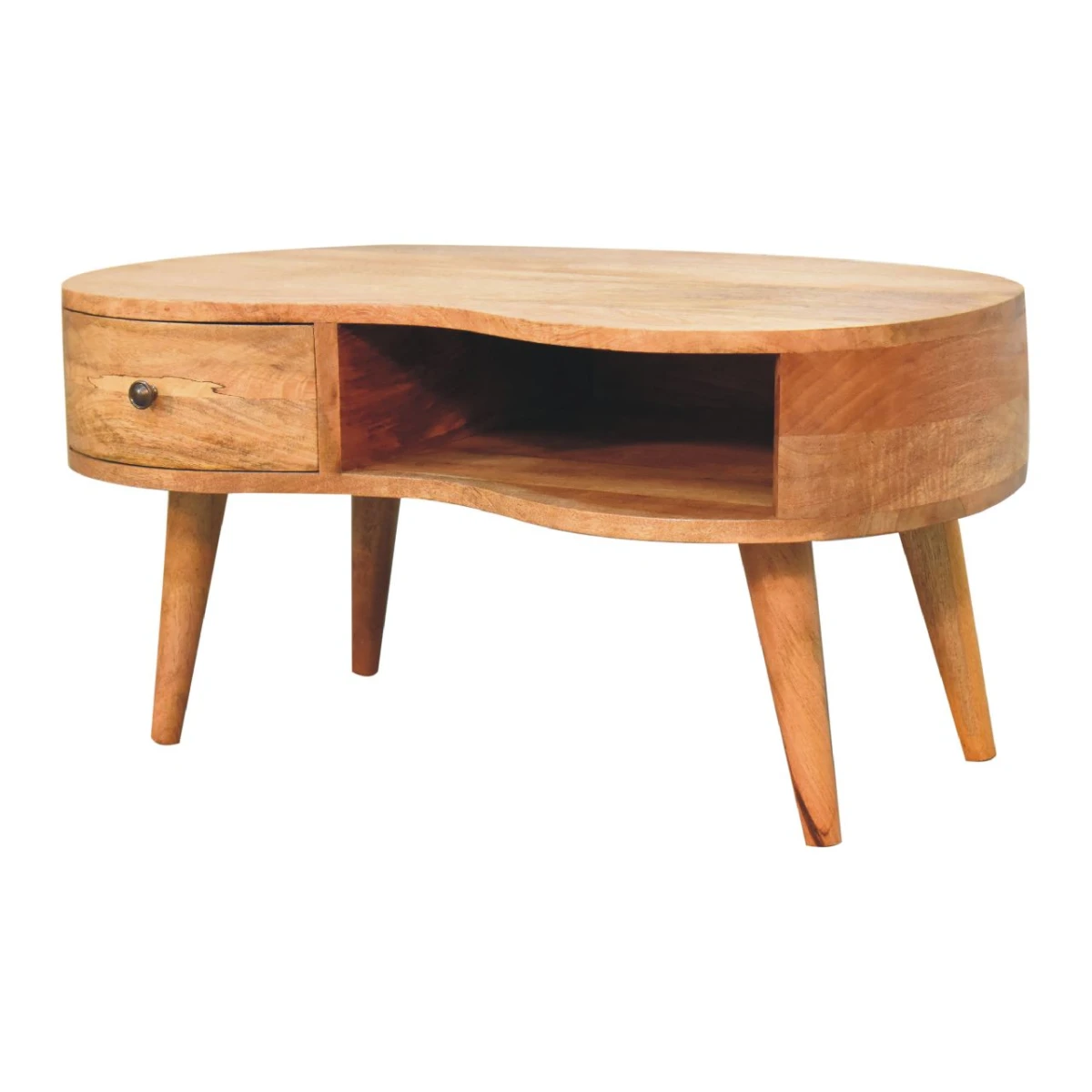 Artisan Furniture Artisan Coffee Table Oval 40InL Solid Mango Wood Oakish Finish Curved Wave Drawer Shelf For Modern Living Rooms - Coffee Table