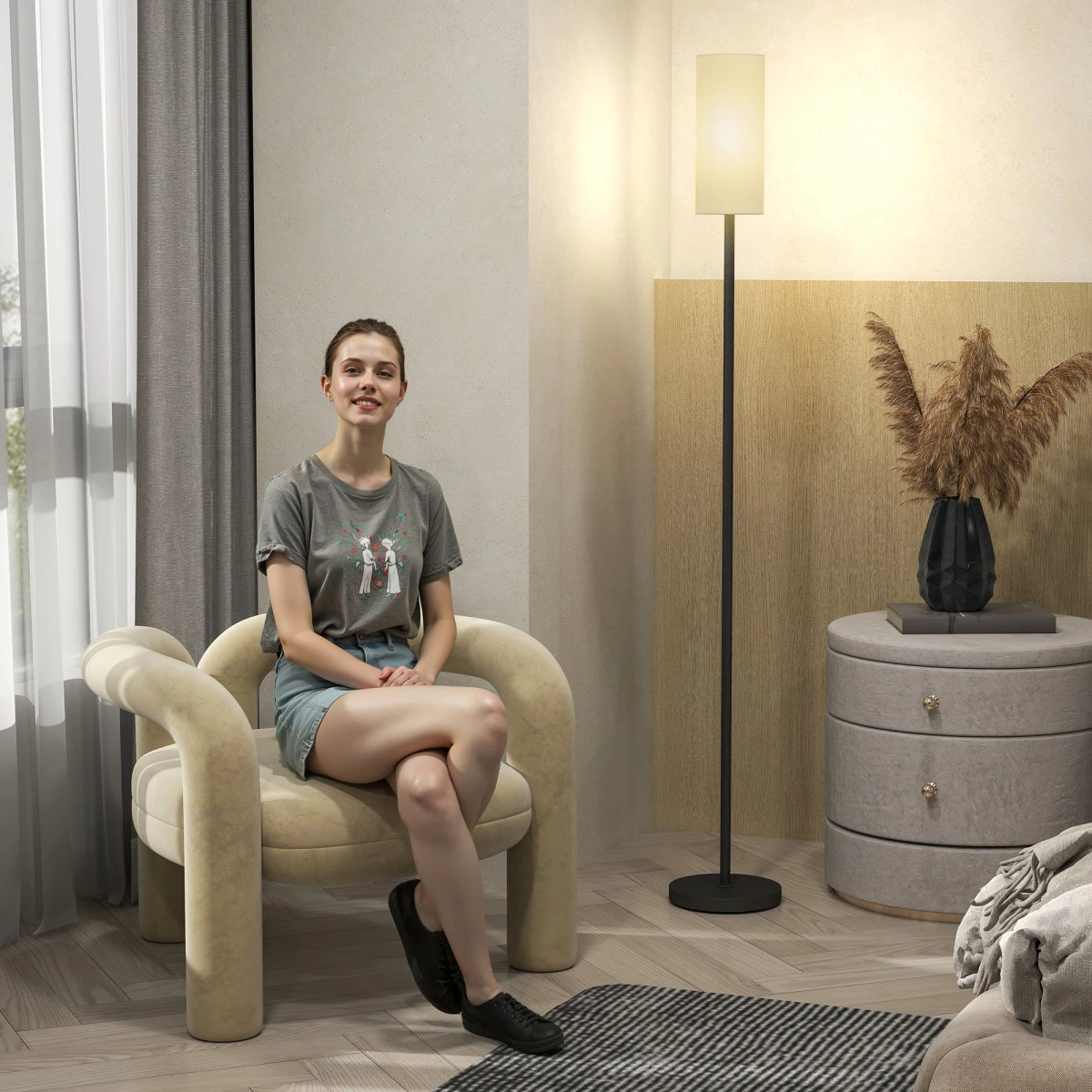 Modern Floor Lamp With Linen Shade 163cm Tall 22cm Base Foot Switch Easy Assembly LED Or Halogen Compatible by N/A