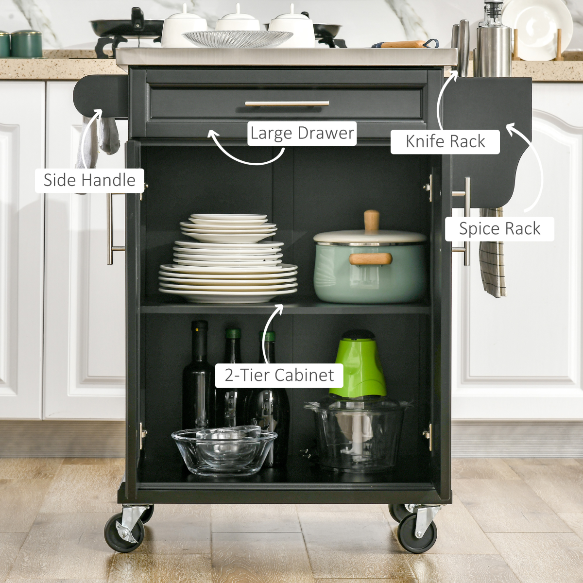 Rolling Kitchen Cart Storage Trolley with Drawer Towel Rail Steel Black HOMCOM - from Unbranded