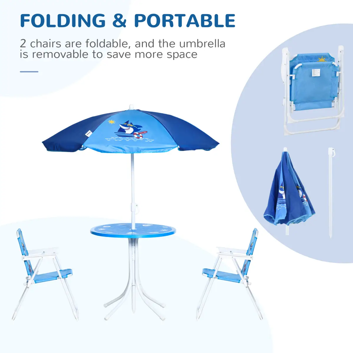Unbranded Kids Foldable Four-Piece Garden Set w/ Table, Chairs, Umbrella - Blue - Picnic Tables