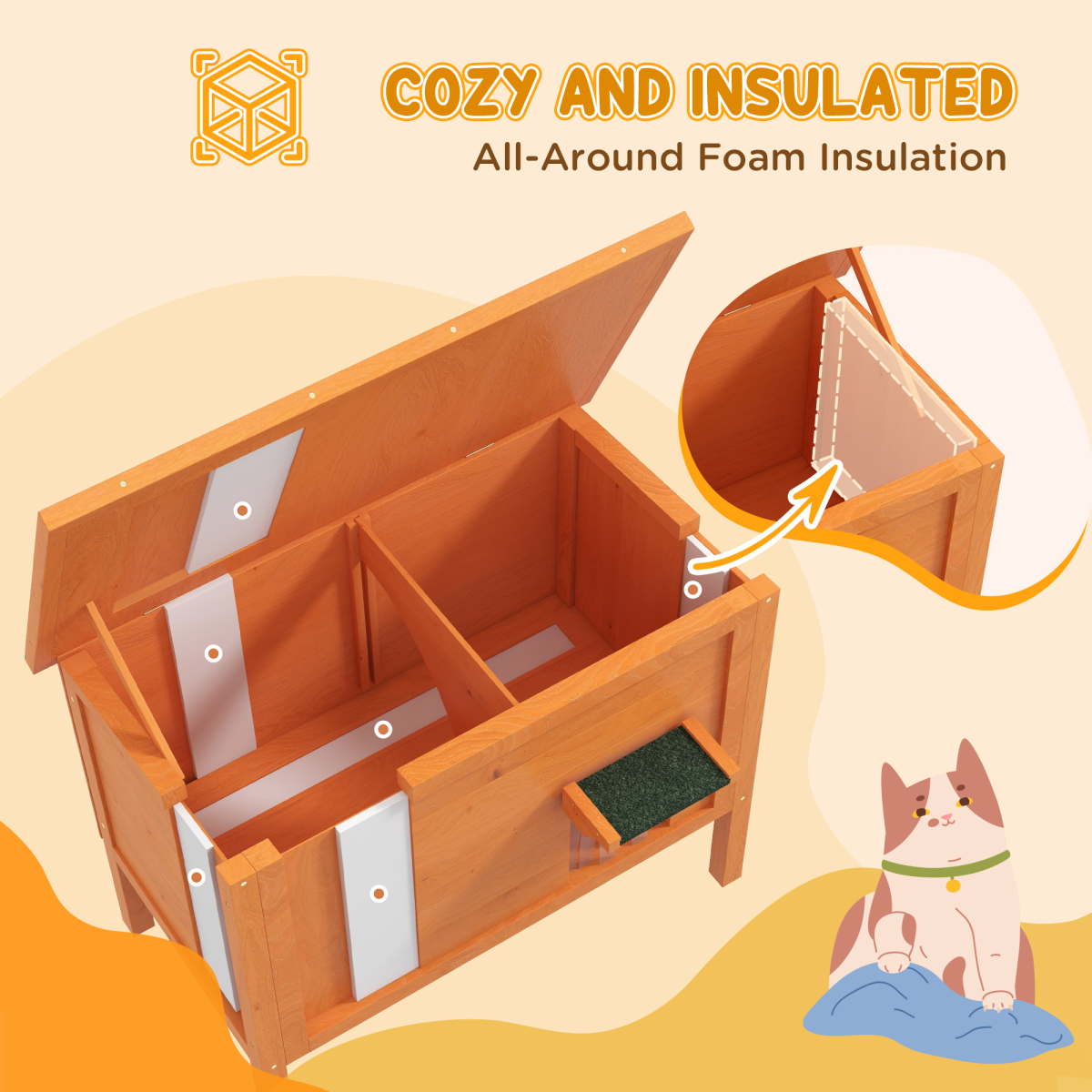 PawHut PawHut Outdoor Feral Cat House Insulated w/ Openable Roof - Orange - Cat House