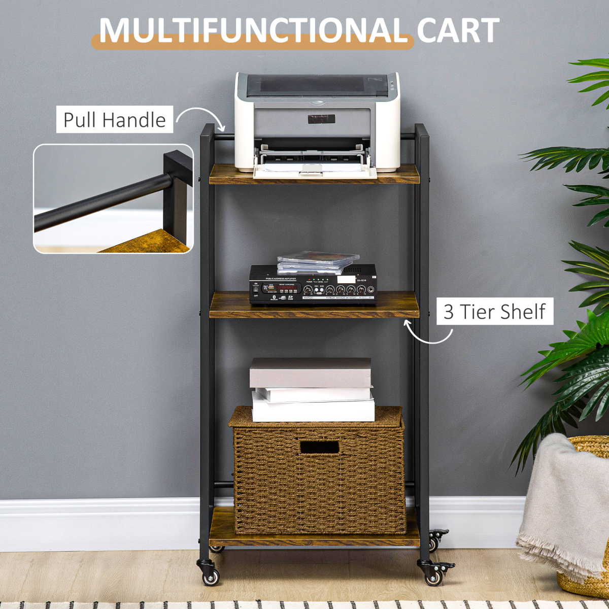 HOMCOM 3-Tier Printer Stand, Utility Cart, Rolling Trolley Adjustable Shelves - from Unbranded