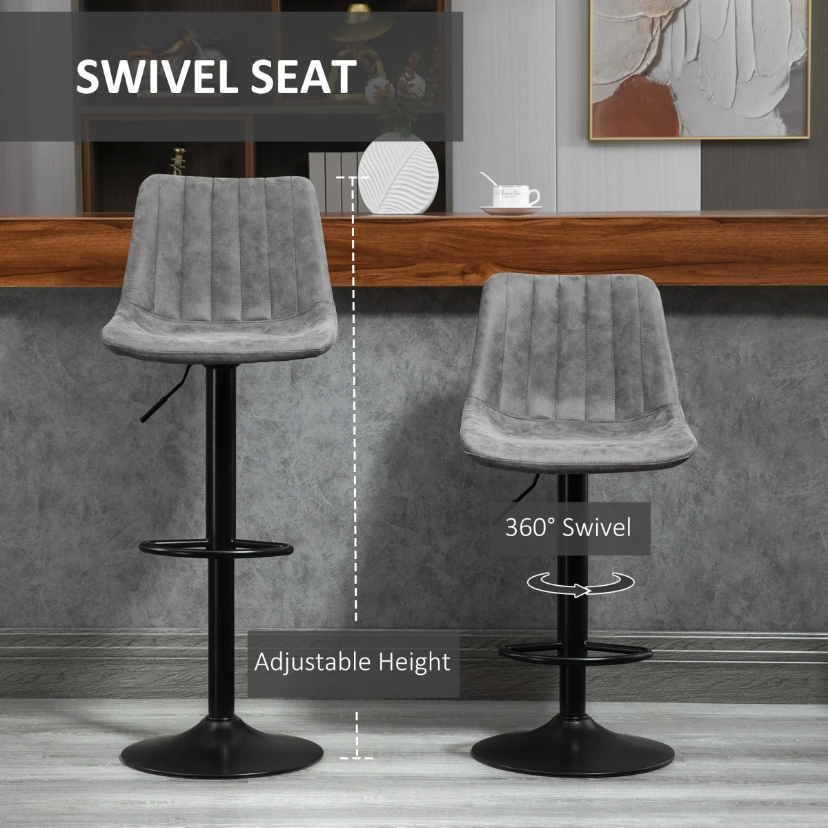 HOMCOM Set Of 2 Microfibre Retro Tub Bar Stools w/ Metal Frame Footrest Home Seat Grey -