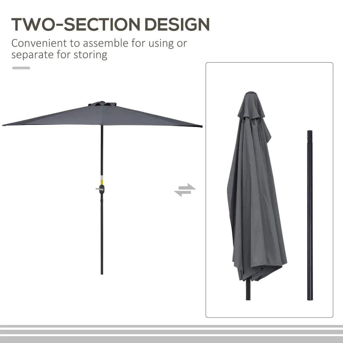 Outsunny 3 m Half Round Umbrella Parasol-Grey Polyester/Aluminum - Parasol