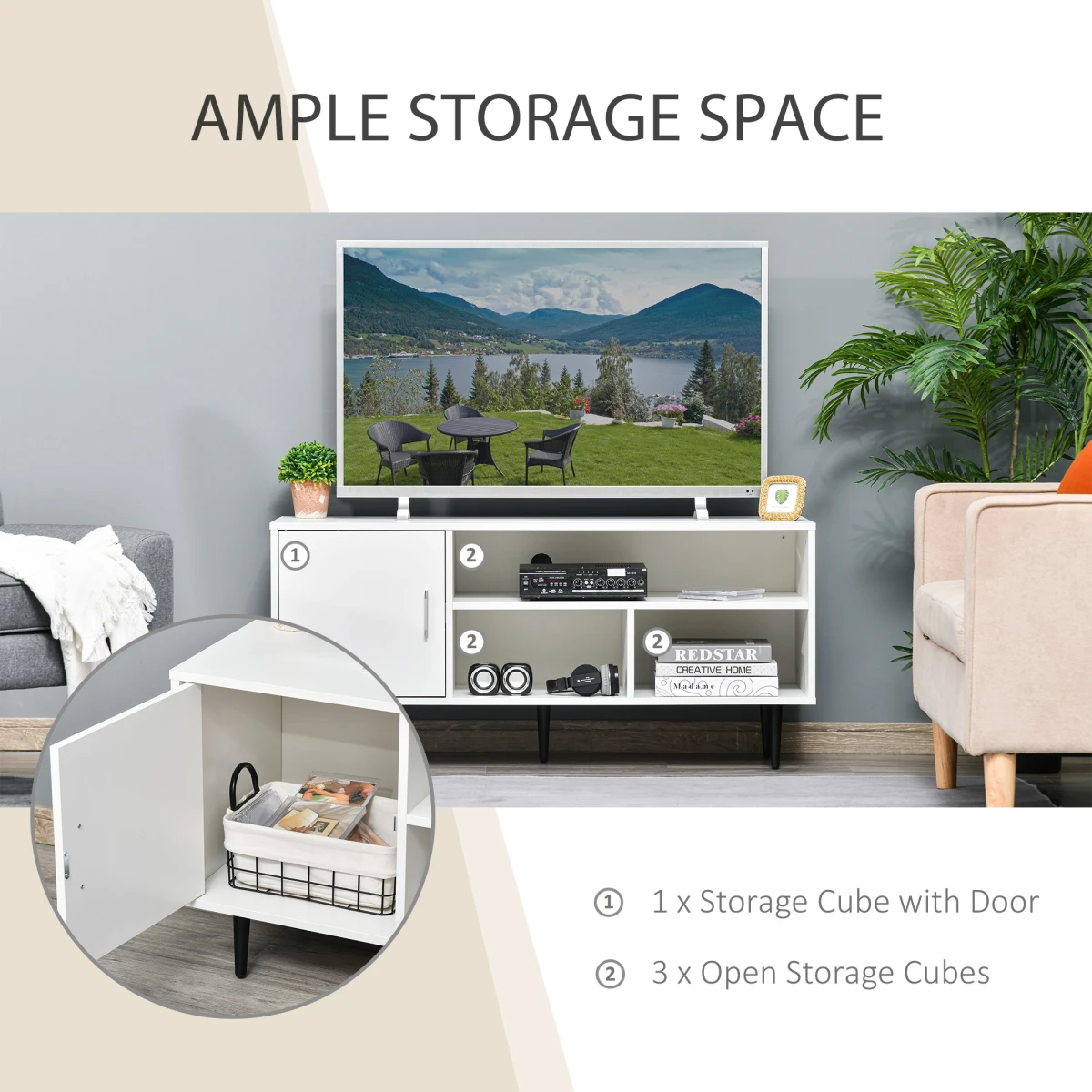 HOMCOM TV Stand 120cm Cable Hole Storage Living Room - TV Unit