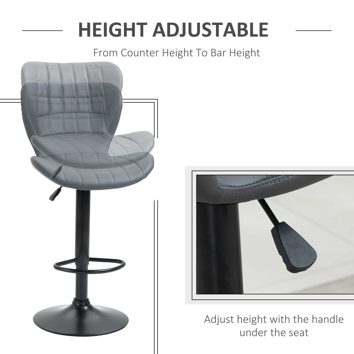 Unbranded Bar Stools Set of 2 Adjustable Height Swivel Bar Chairs with Footrest Grey -
