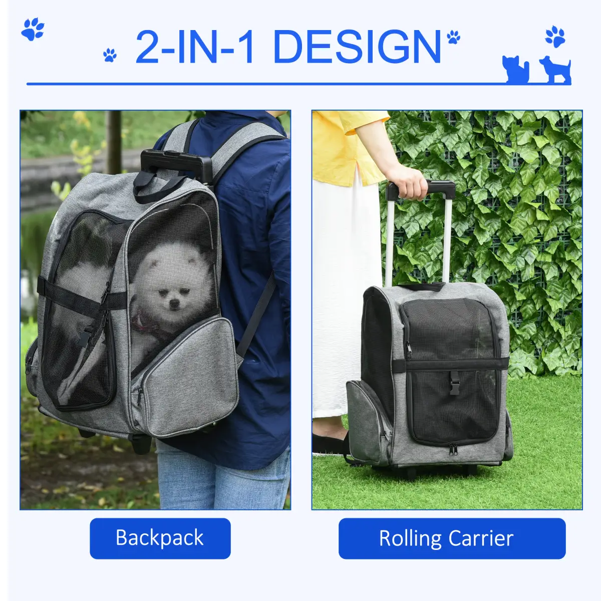Pawhut Pet Travel Backpack Bag Cat Dog Carrier w/ Trolley and Telescopic Wheel Grey - Pet Carrier