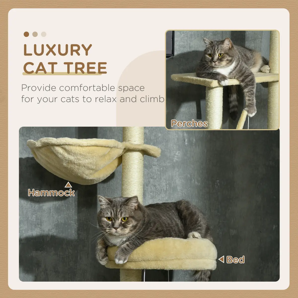 PawHut 6-Tier Floor to Ceiling Cat Tree with Scratching Post, Bed, Hammock, Beige - Cat Tree