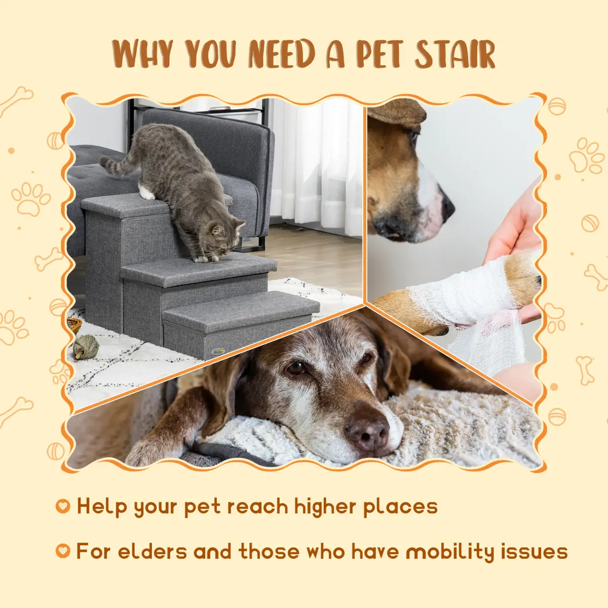 PawHut PawHut 3 Step Dog Steps with Storage Boxes, Cat Stairs for Bed Sofa, Light Grey - Dog Steps