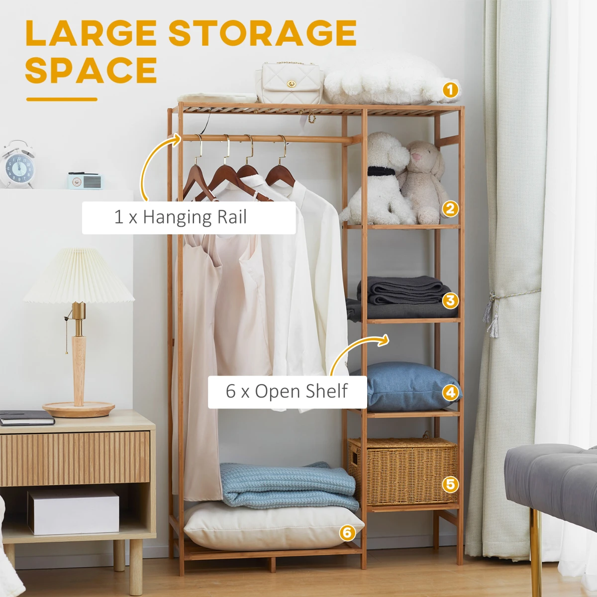 HOMCOM Eco Bamboo Clothes Rail 6 Tier Shelves For Home Use - Wardrobe