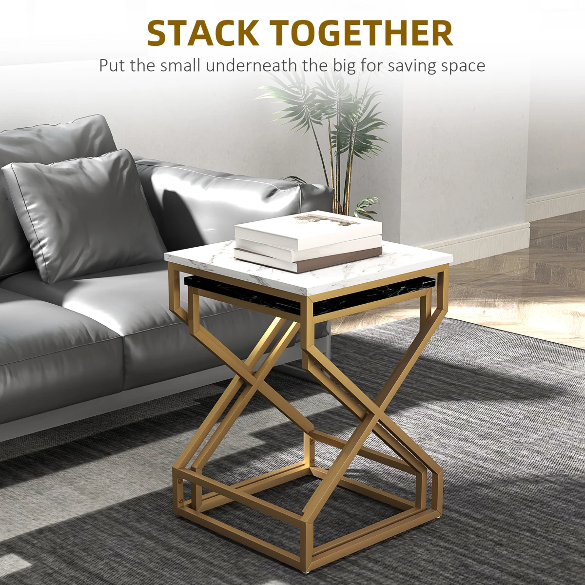HOMCOM HOMCOM Nest Of Tables Two Piece Set Marble Effect Tops Gold Tone Steel Frame For Living Room - Coffee Table