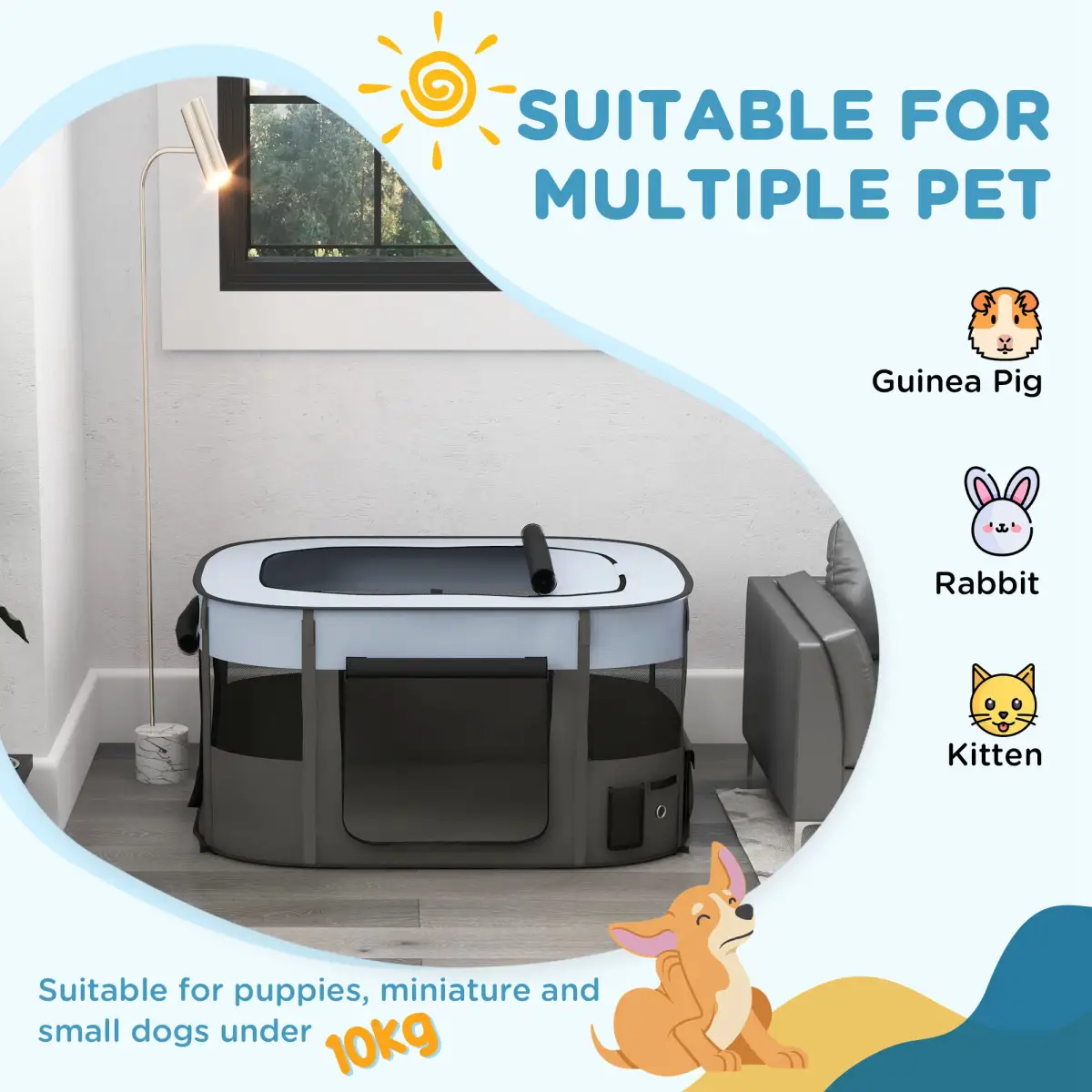 PawHut PawHut Portable Dog Pen for Puppies, Rabbits, Kittens, Guinea Pigs - Grey - Pet Playpen