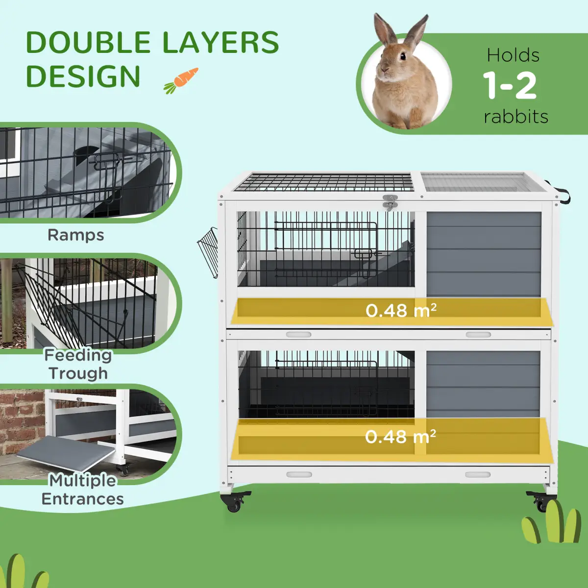 PawHut PawHut Double Deckers Indoor Rabbit Hutch w/ Feeding Trough, Slide-Out Trays - Rabbit Hutch