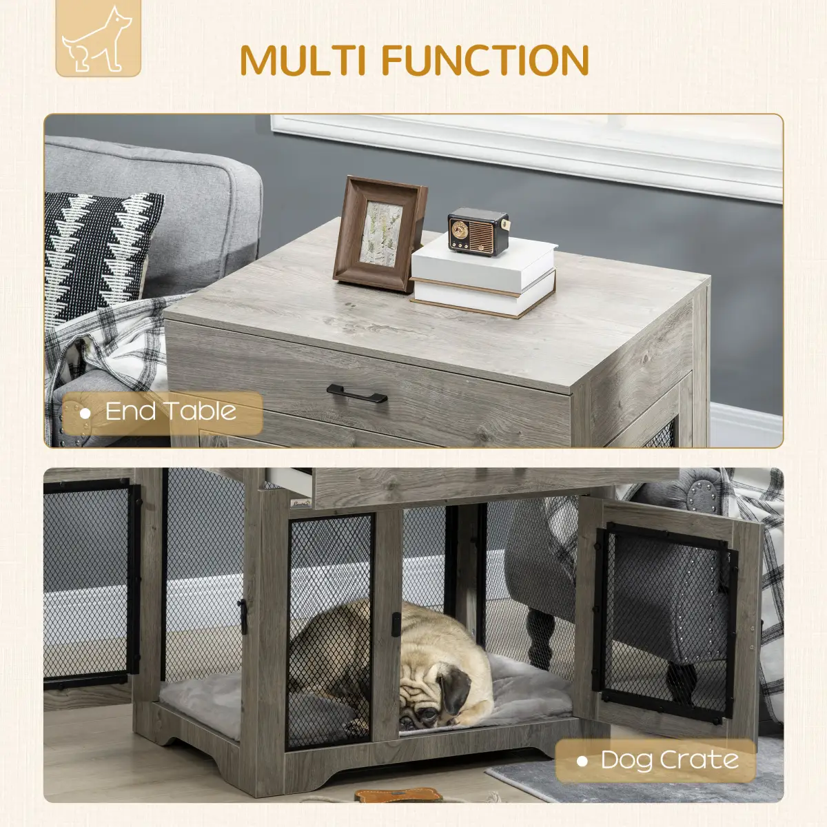 Unbranded Double-Door Dog Kennel Furniture Pet Crate, for Medium Dogs, Indoor Use - Grey -