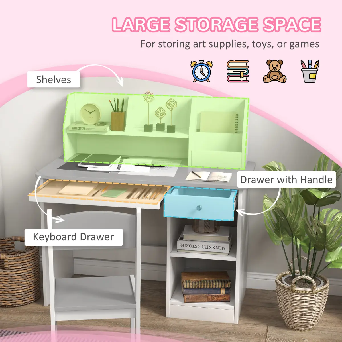 ZONEKIZ ZONEKIZ Kids Desk and Chair Set with Storage for 5-8 Years, Grey - Desk