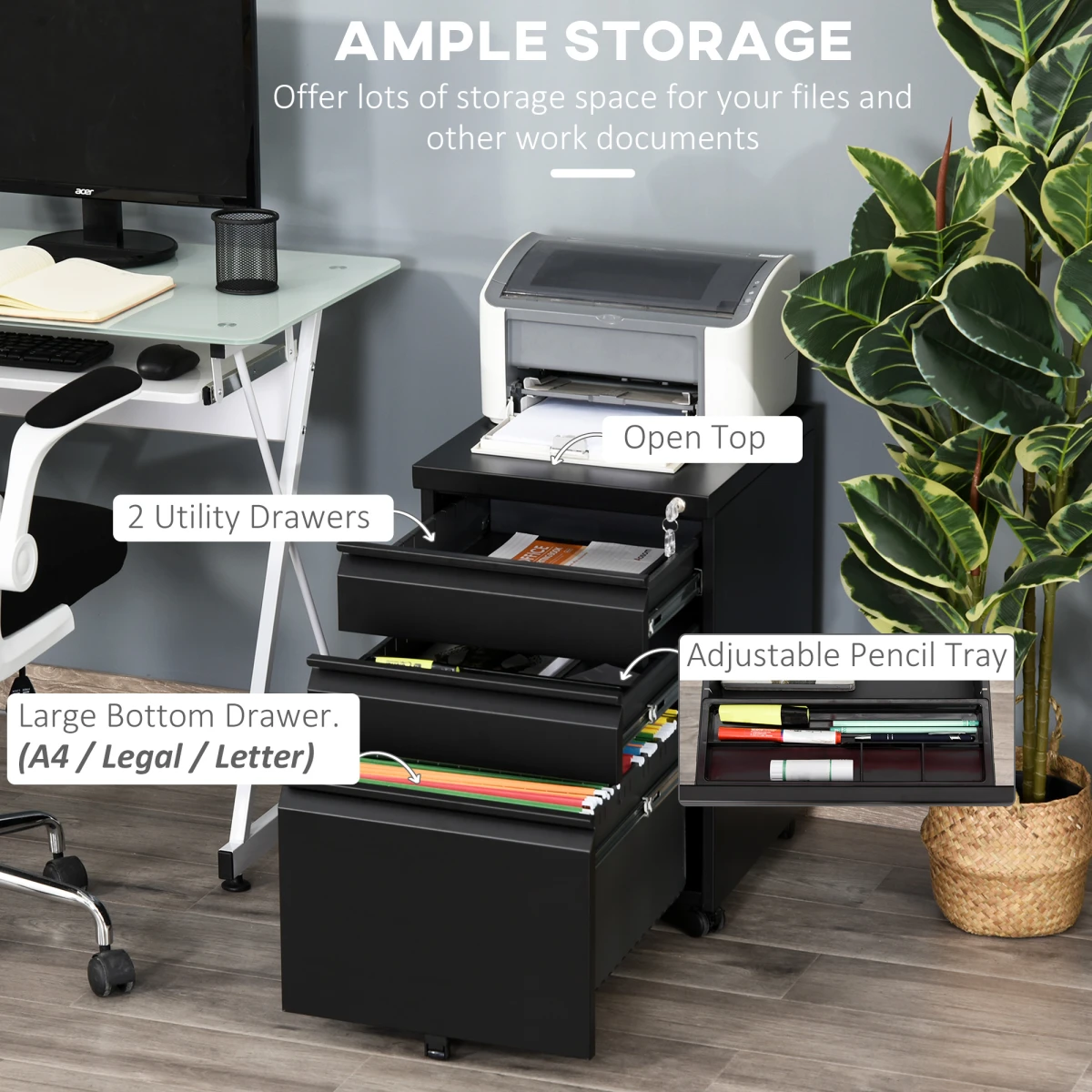 Vinsetto Vinsetto Vertical File Cabinet 3-Drawer Lockable Metal with Central Locking for Office Use - Filing Cabinet