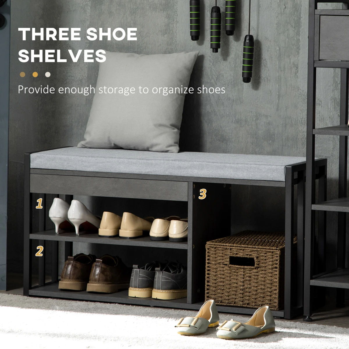 HOMCOM Upholstered Entryway Shoe Bench With Storage Open Shelves Grey Ideal For Small Hallways by HOMCOM