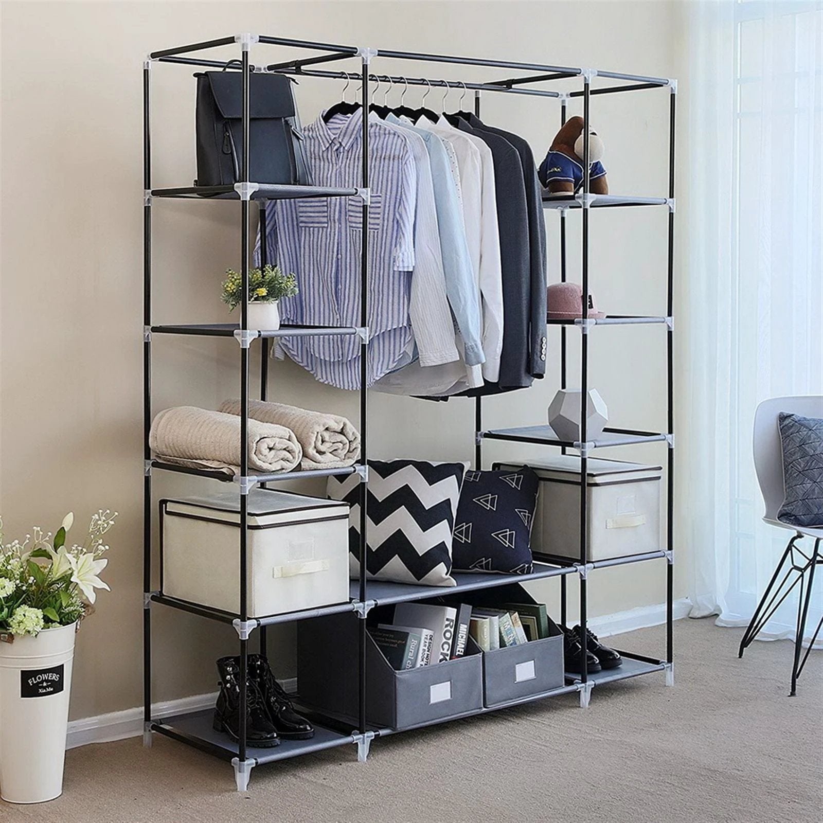 69" Portable Clothes Closet Wardrobe Storage Organizer with Non-Woven Fabric Quick and Easy to Assemble Extra Strong and Durable Gray by N/A