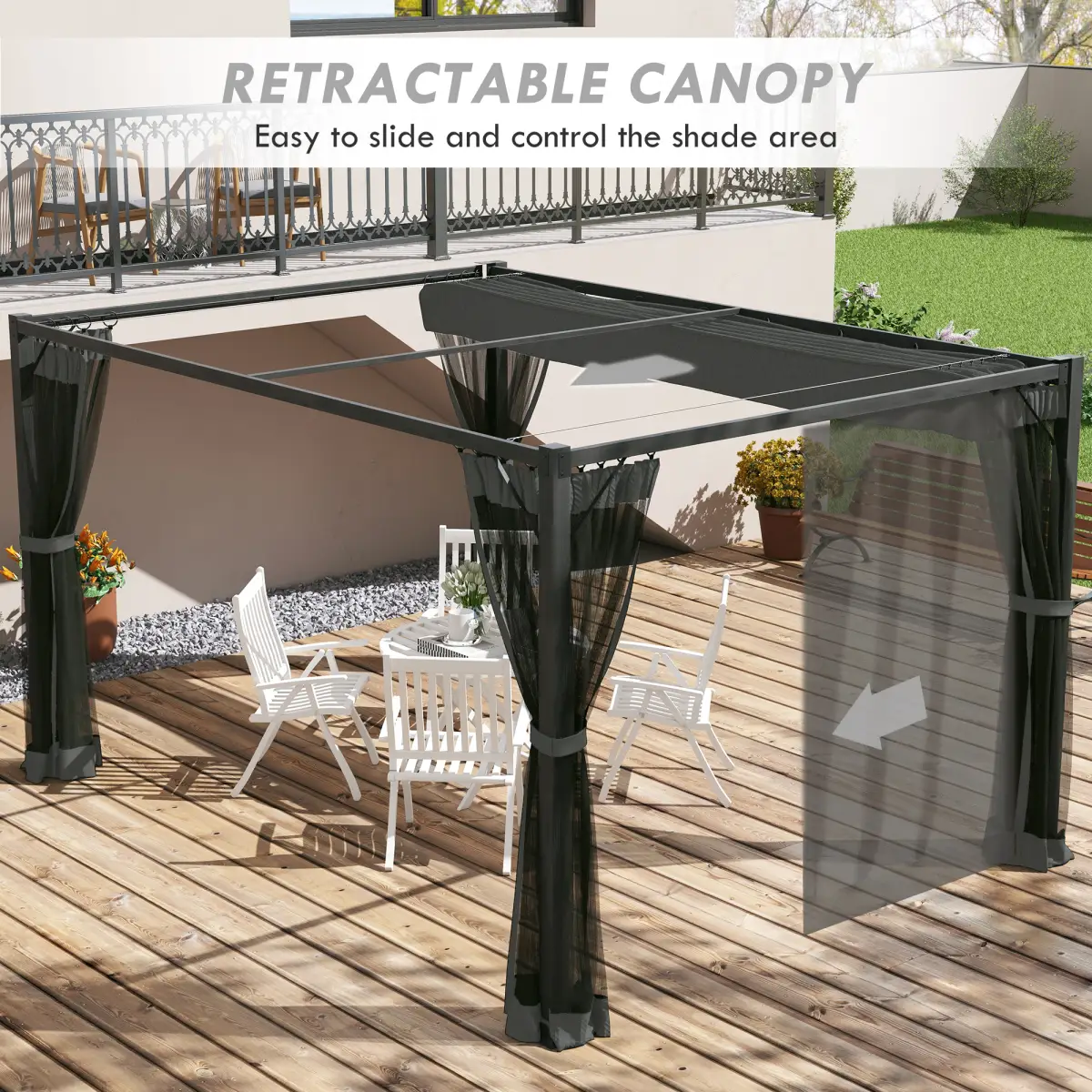 Outsunny Outsunny 3 x 4m Pergola with Retractable Roof and Netting, Dark Grey - Gazebos