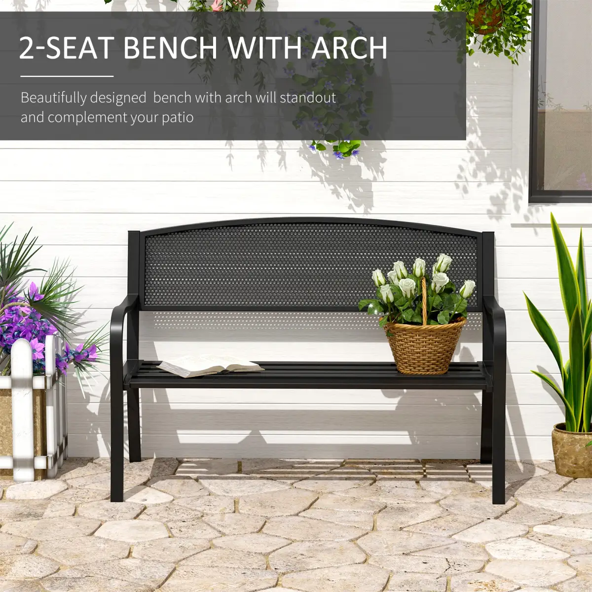 Outsunny 2 Person Garden Bench, Steel-Black - Garden Chairs