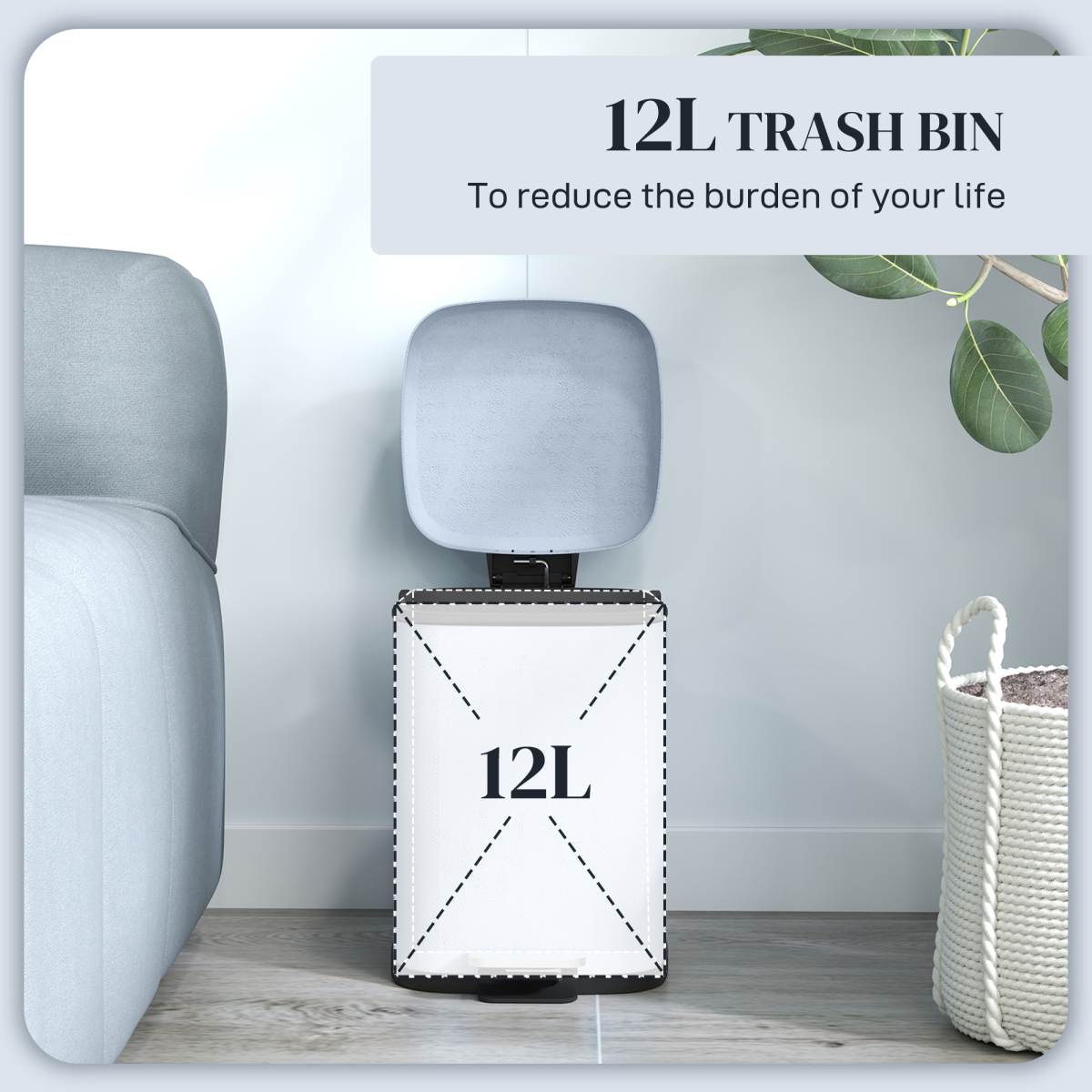 HOMCOM 12L Kitchen Pedal Bin, Metal Rubbish Bin with Soft-close Lid, Light Blue - from HOMCOM