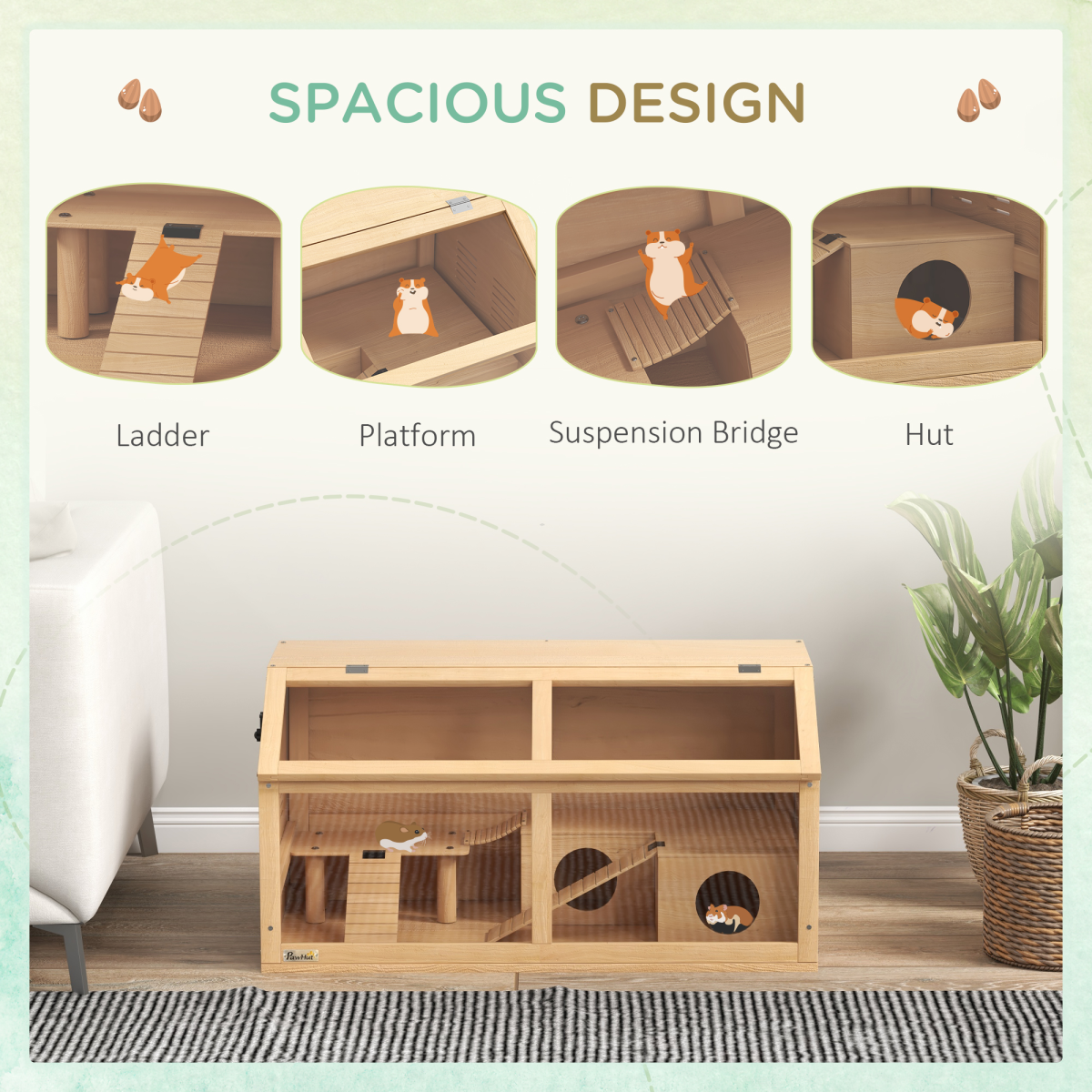 PawHut Wooden Hamster Cage for Gerbils w/ Suspension Bridge, Ladders, Nature - from PawHut