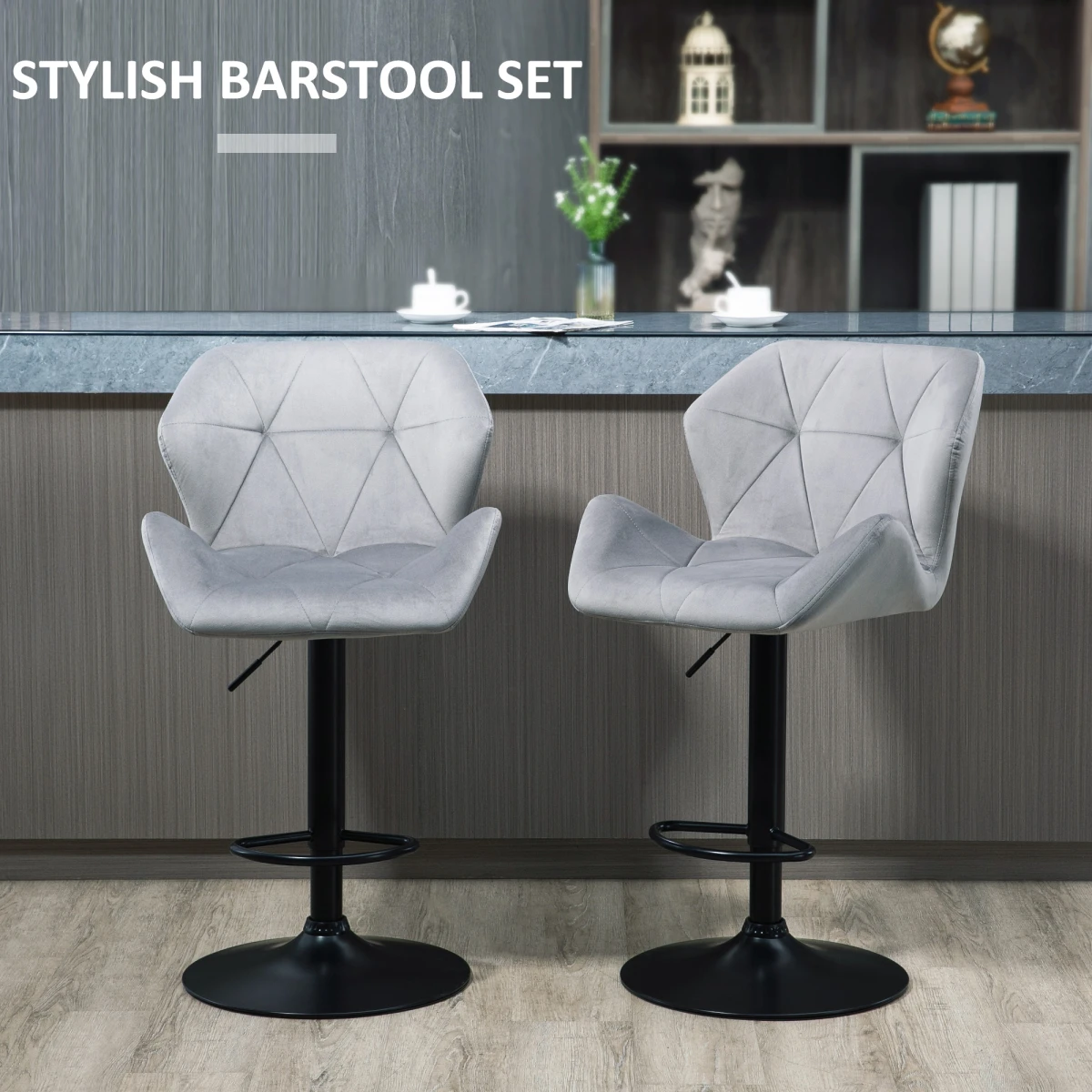 HOMCOM Set Of 2 Luxurious Velvet-Touch Bar Stools w/ Metal Frame Footrest Base Grey -