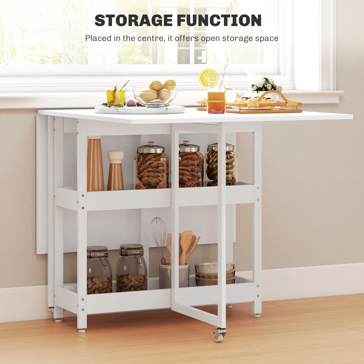 Sturdy Drop Leaf Dining Table With Shelves Wheels by N/A