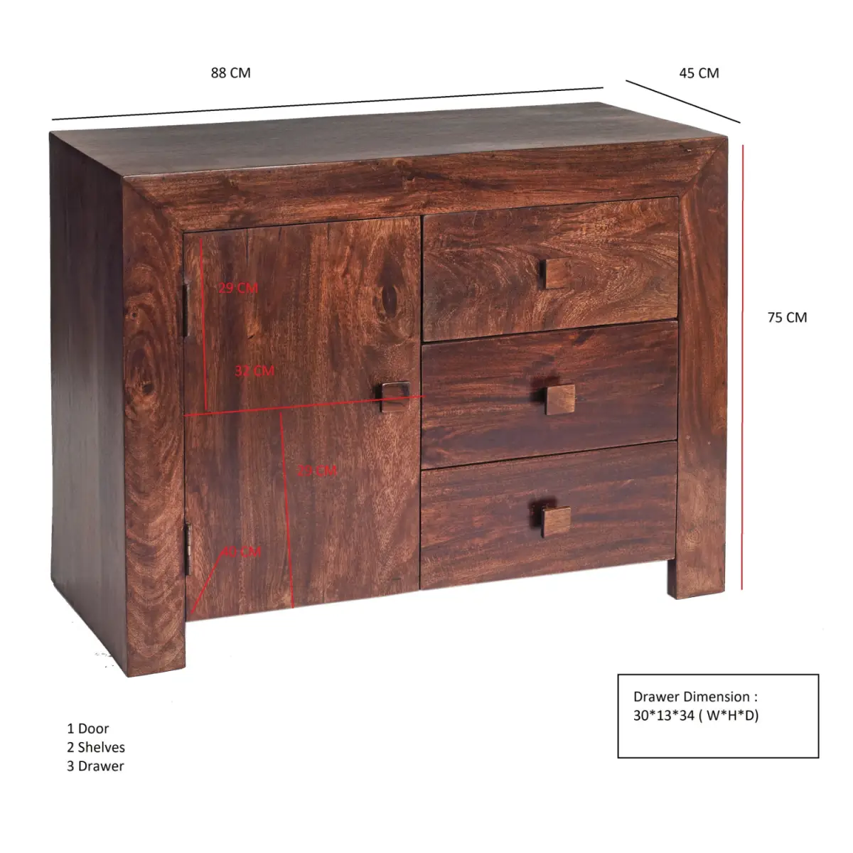 Indian Hub Toko Dark Mango 3 Drawer Sideboard - Sideboard