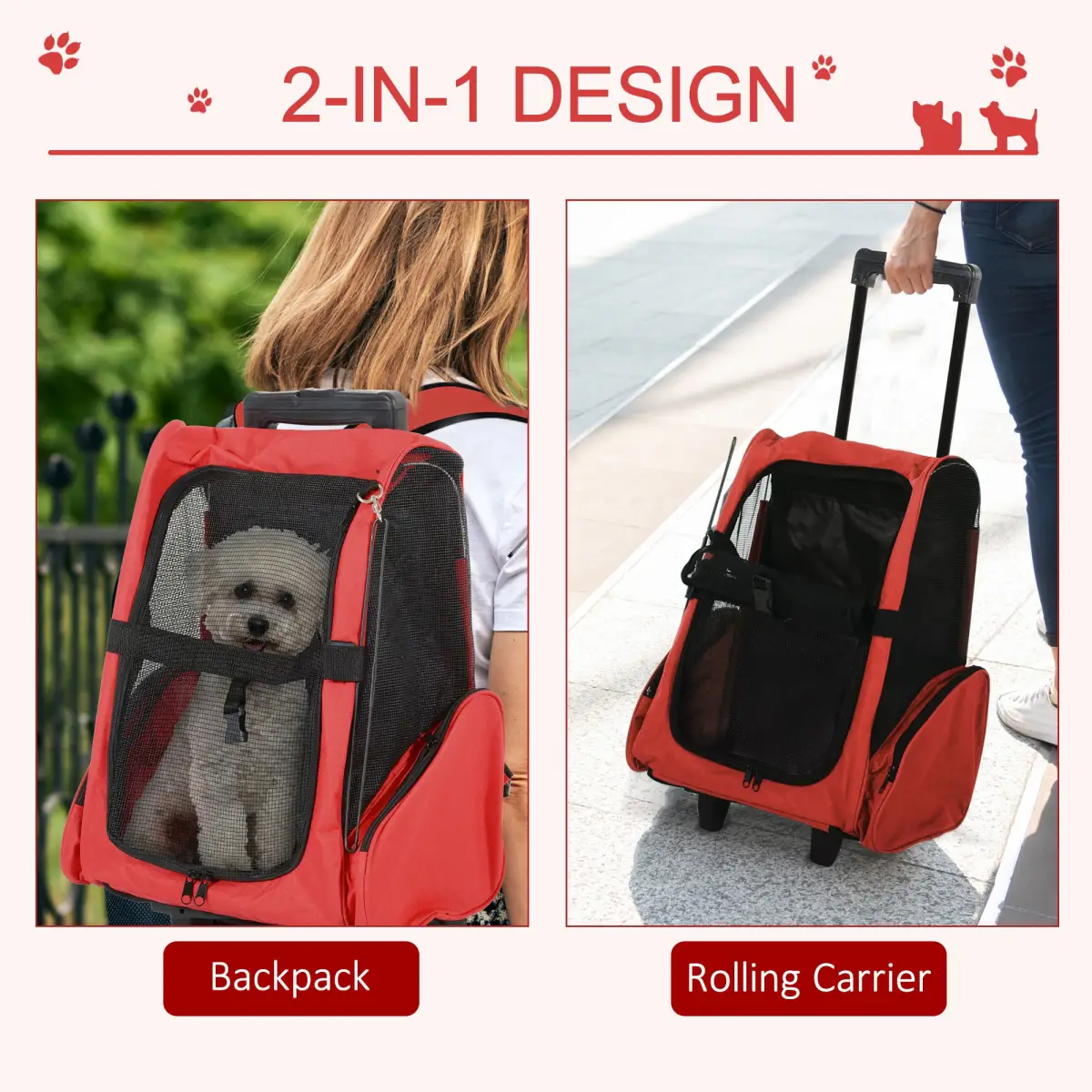 Pawhut Pet Travel Backpack Bag Cat Puppy Dog Carrier w/ Trolley and Telescopic Handle - Pet Carrier
