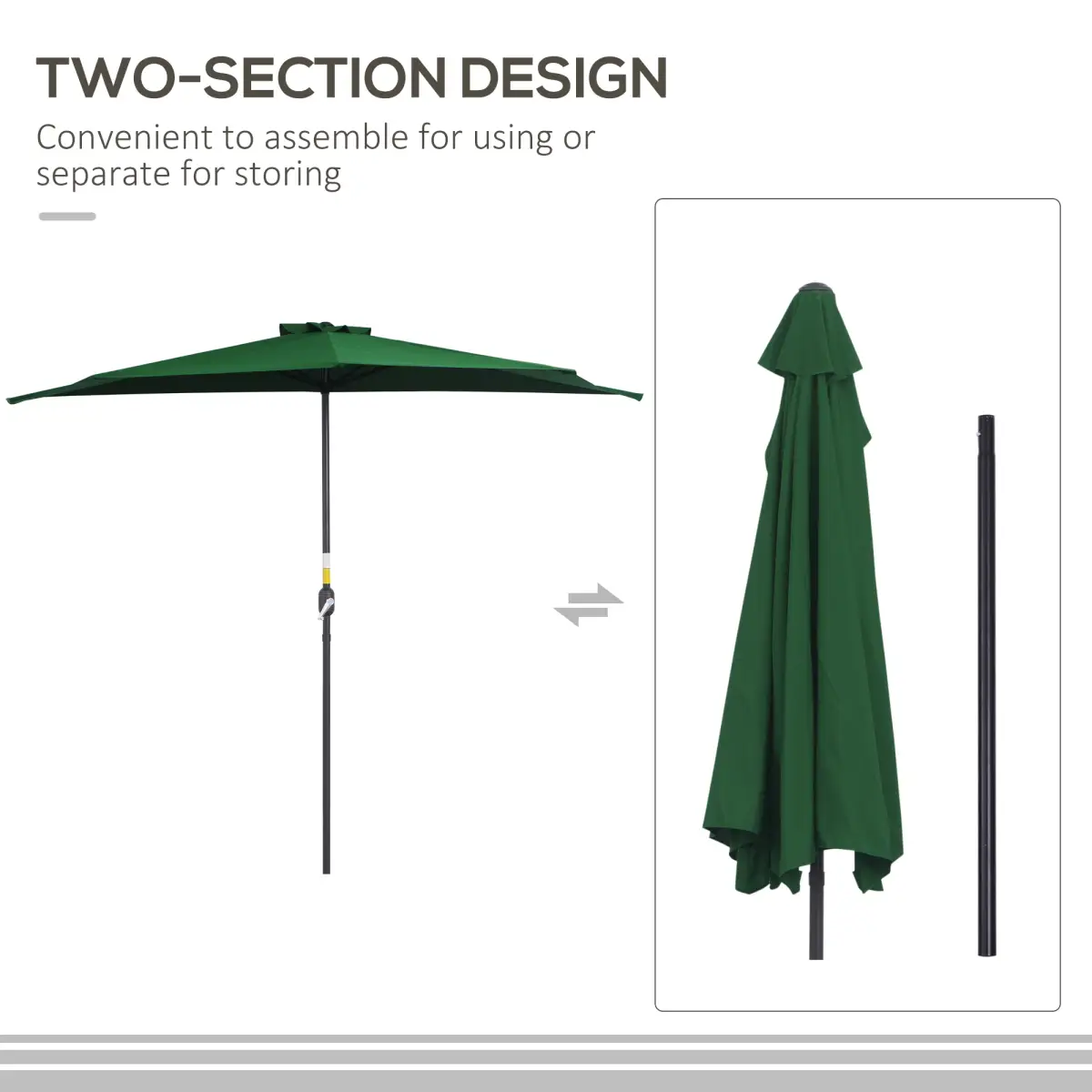 Outsunny 3m Half Parasol Umbrella Metal Frame Crank NO BASE INCLUDED, Green - Parasol