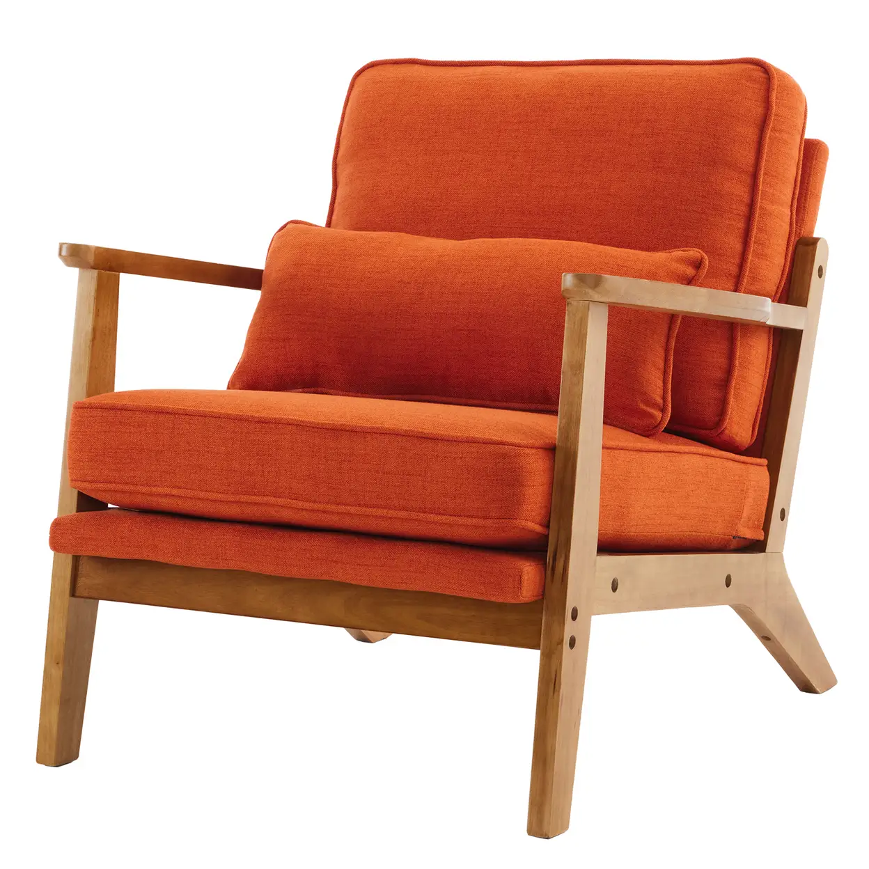 N/A Mid-Century Modern Accent Chair with Wooden Frame - Oak Armrest, Linen-Cotton Burnt Orange Upholstery, Single Seater Lounge Chair for Living Room (Weight Capacity 330LBS) - Accent Chair